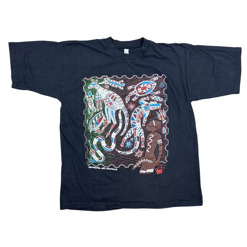 Vtg y2k Aboriginal Art “Red Serpent” XL shirt Tribal animal Australia made